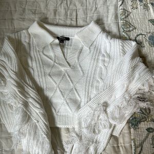 Hera Collection white cropped sweater with fringe sleeves, never worn